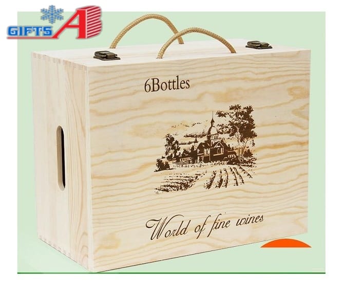 Hộp rượu gỗ thông đựng 6 chai B6-022 - do quà tặng AB cung cấp.